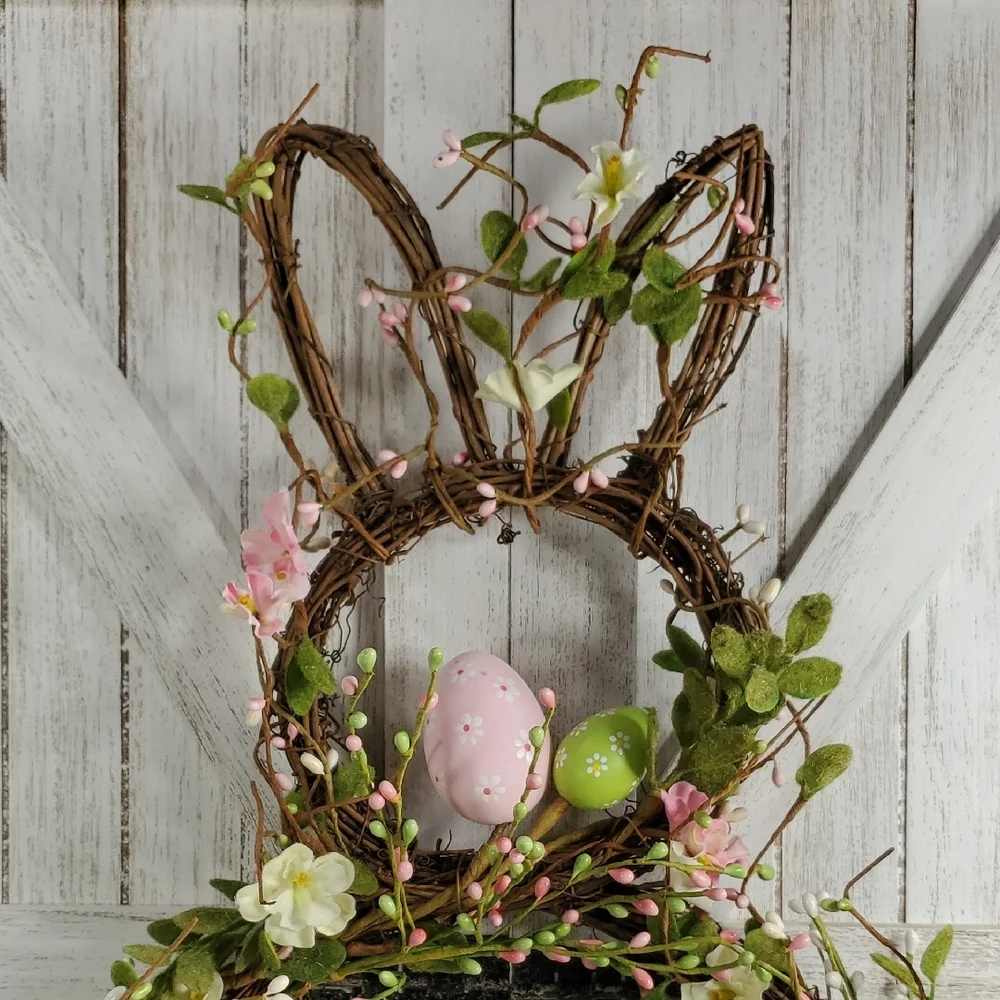 Easter Bunny Shaped Grapevine Holiday Wreath with Pastel Eggs & Flowers